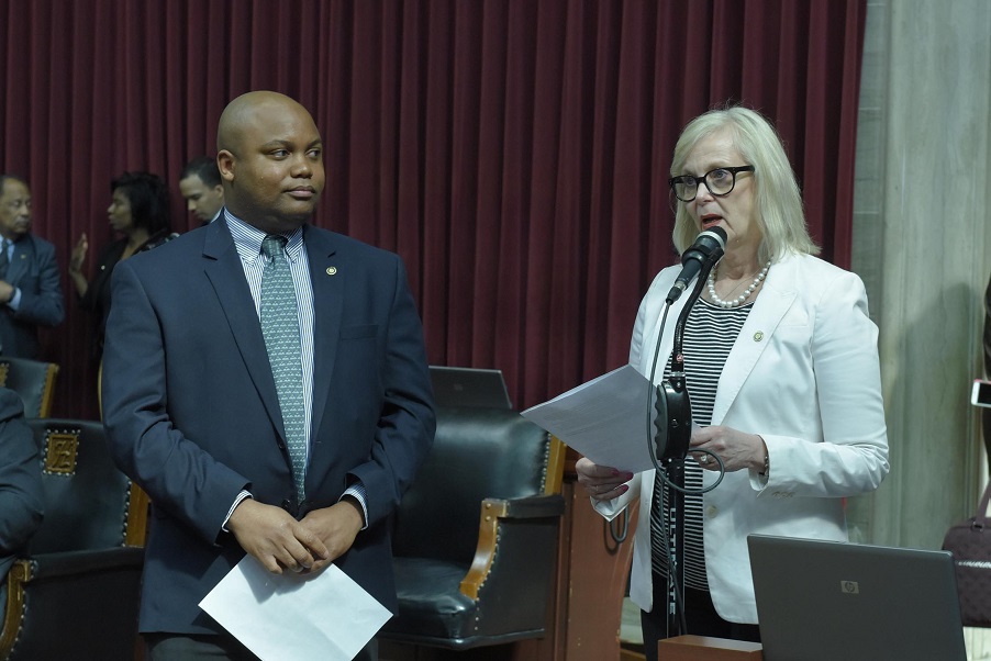 Representatives Shamed Dogan (left) and Stacey Newman speak in the Missouri House about Holocaust remembrance.  (photo; Tim Bommel, Missouri House Communication)